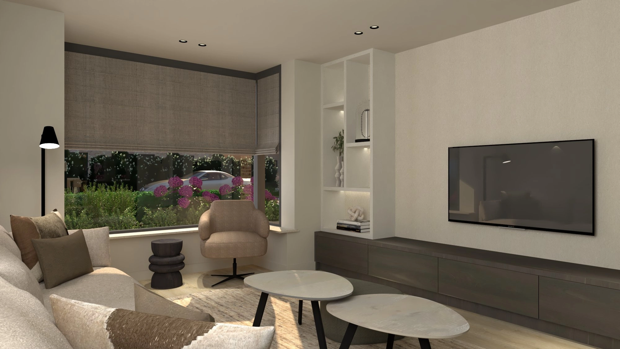 Fijn wonen Bilthoven - Woonkamer met ingebouwde kasten en tuinzicht