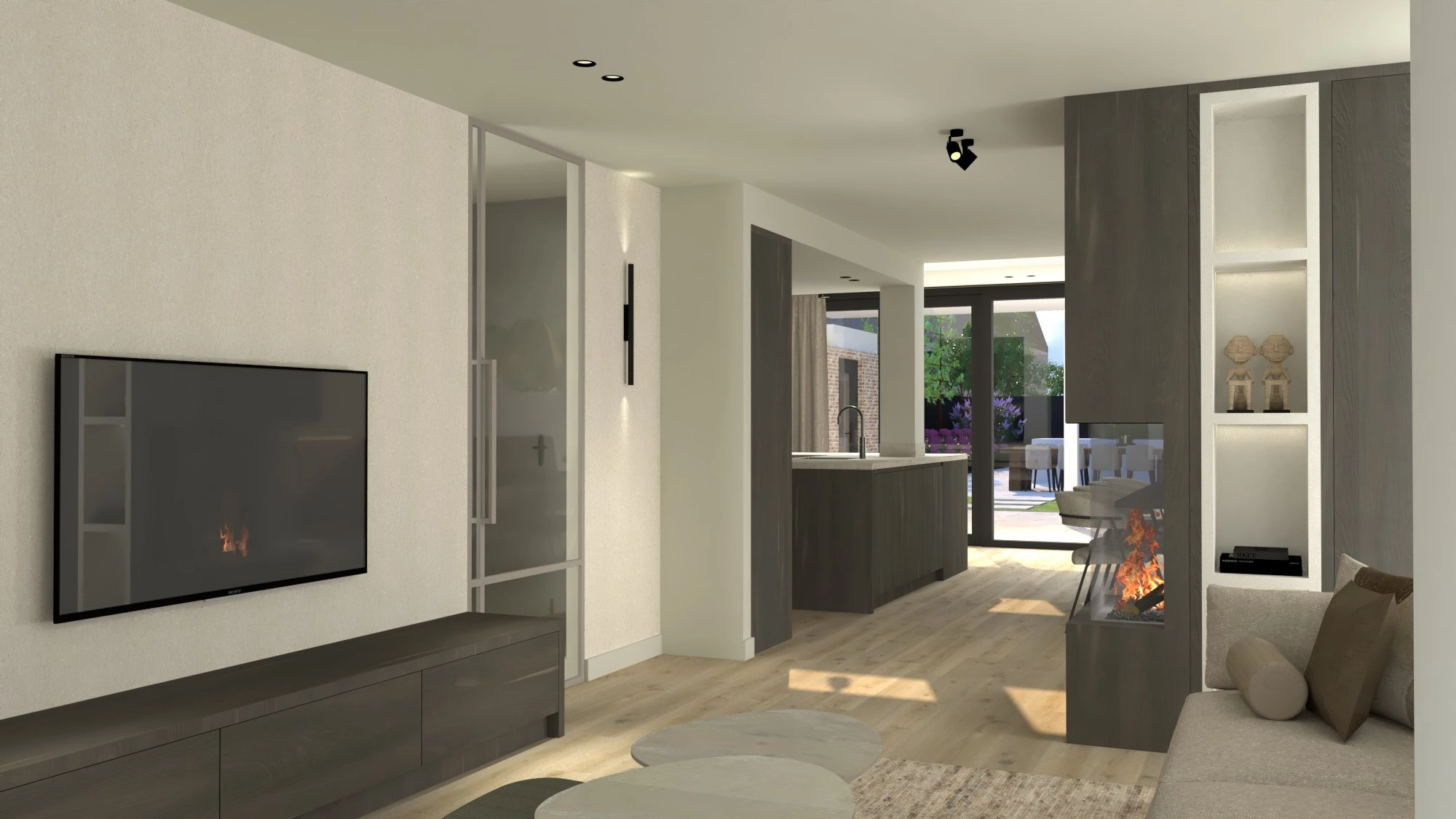 Fijn wonen Bilthoven - Woonkamer met TV-wand en glazen roomdivider