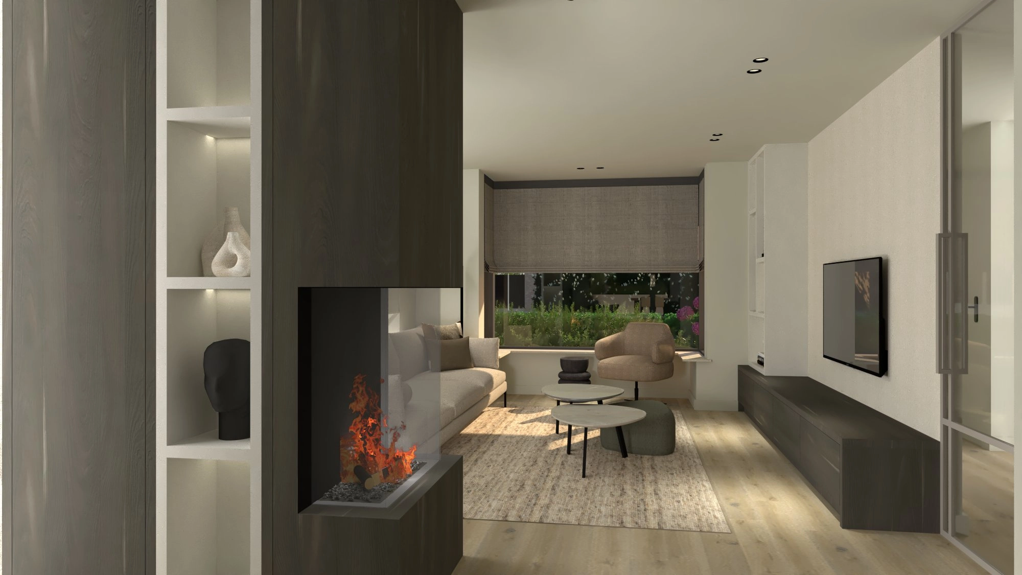 Fijn wonen Bilthoven - Woonkamer met haard en verlichte nissen