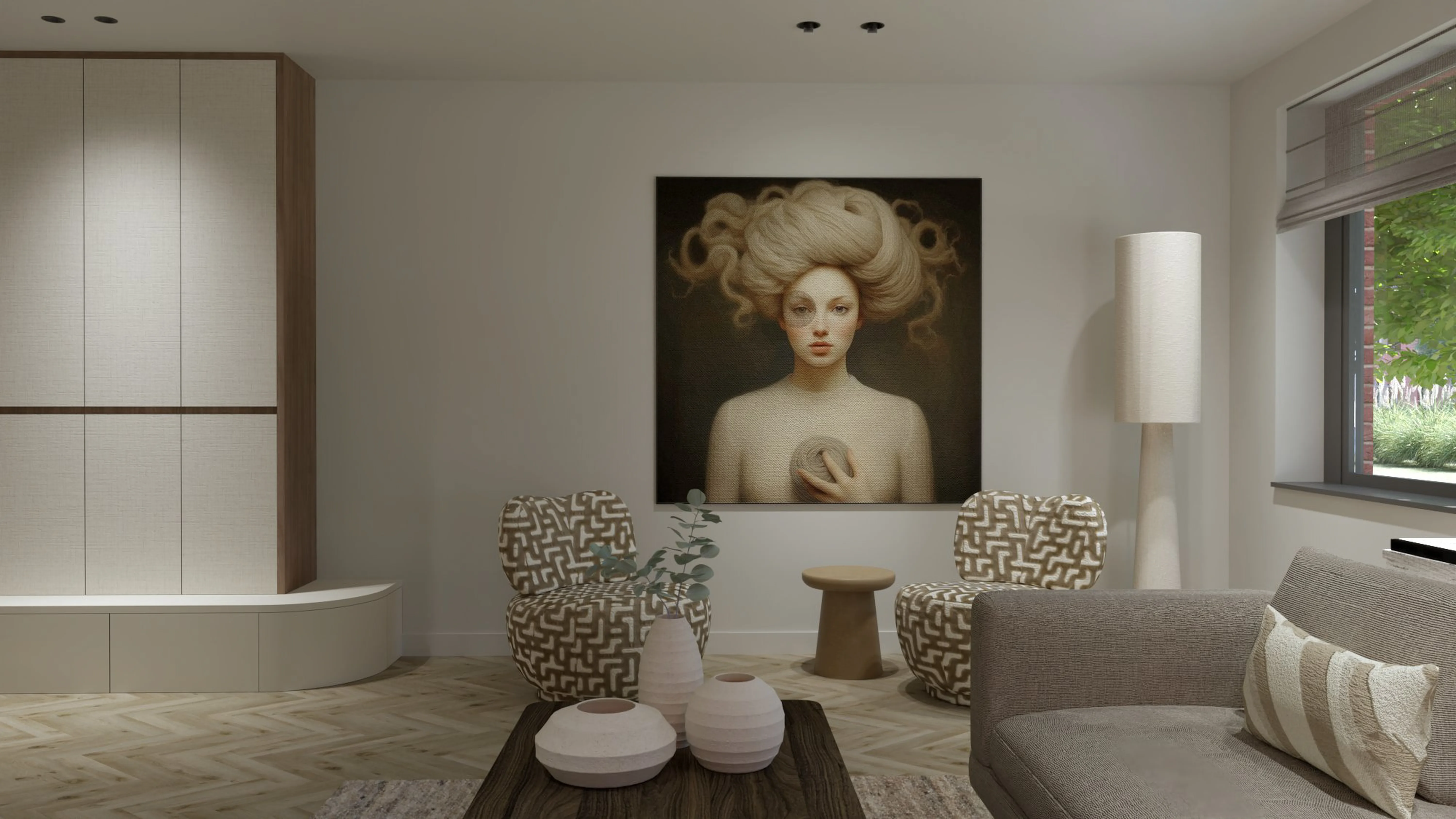 Nieuwbouwwoning Berkel en Rodenrijs - Woonkamer met kunstwerk, grafische stoelen en moderne wandkast