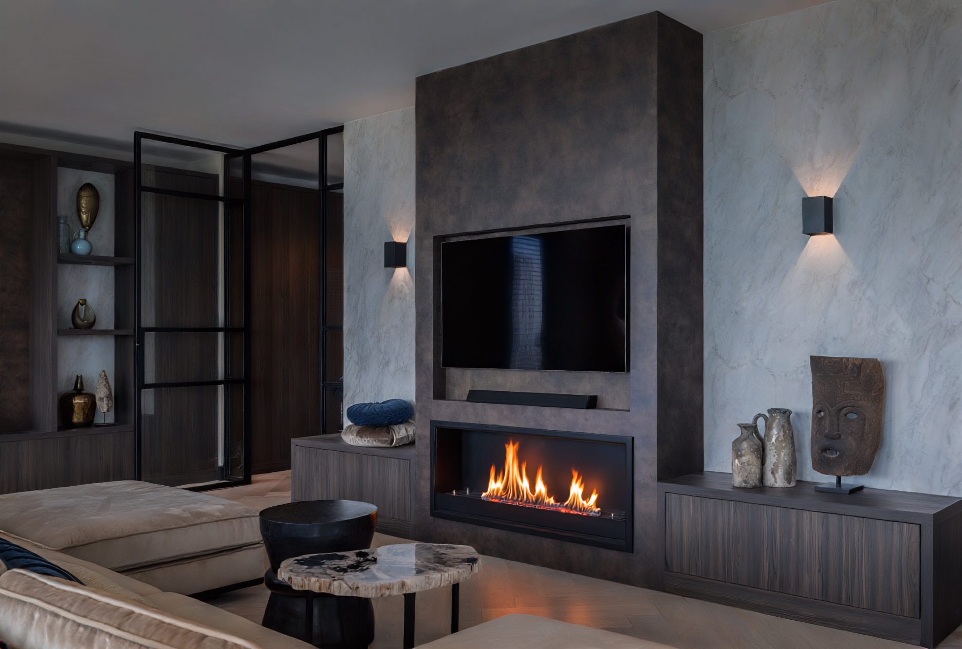 Penthouse - TV-wand met betonlook afwerking en brandende haard