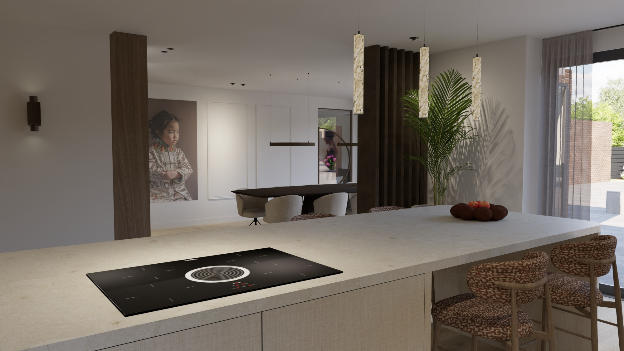 Eigentijdse villa Reeuwijk - Eetkamer vanuit het keukeneiland met hanglampen
