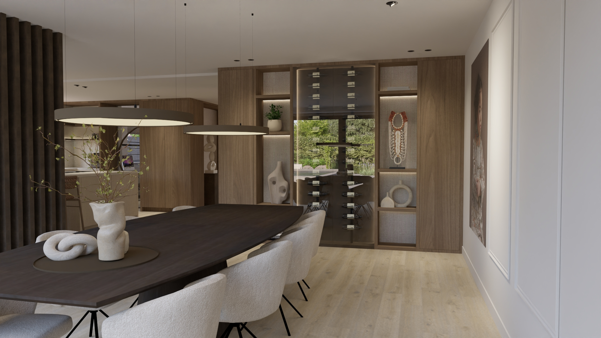 Eigentijdse villa Reeuwijk - Eetkamer met donkere tafel, wijnkast en ronde hanglampen
