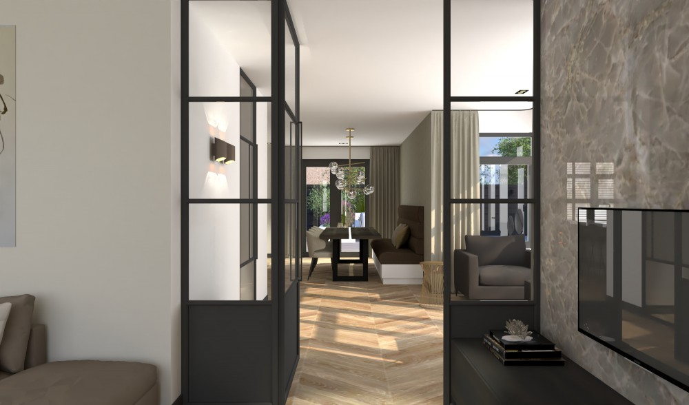 Luxe en leefbare villa Sassenheim - Hal met zwarte glazen deuren en visgraat vloer