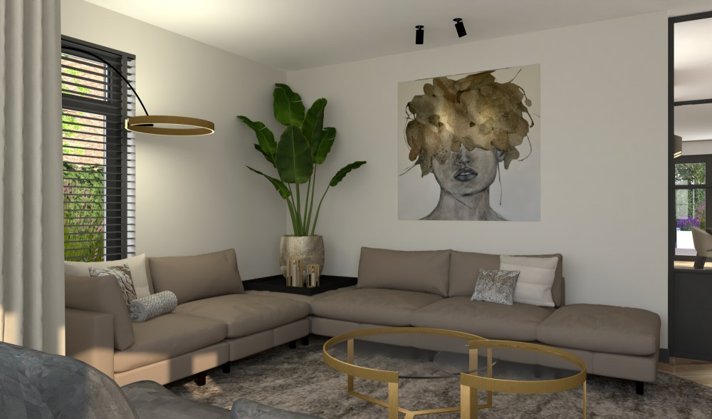 Luxe en leefbare villa Sassenheim - Woonkamer met beige L-vormige bank en gouden salontafel
