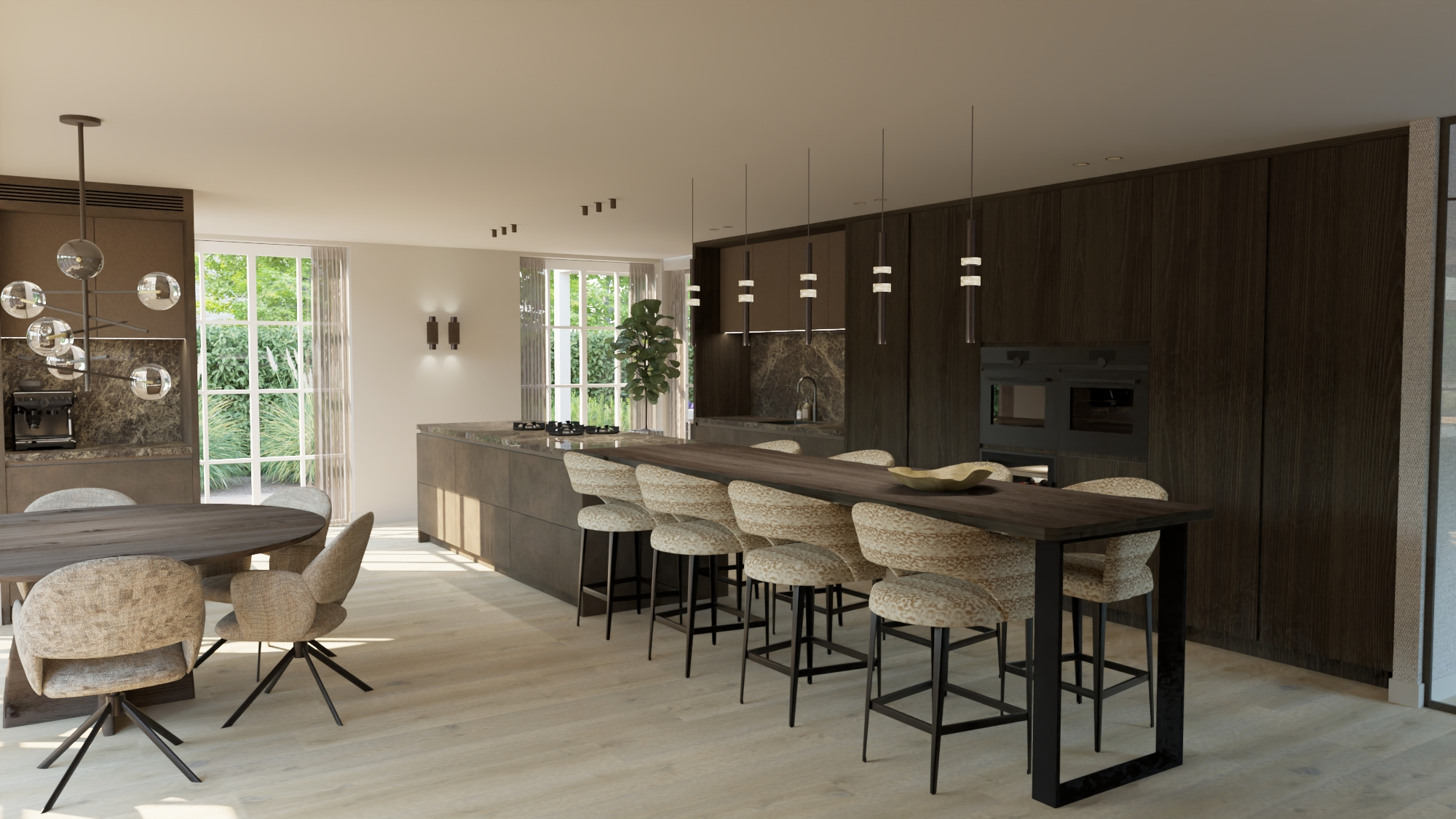 Villa met karakter De Kwakel - Keuken met kookeiland, barstoelen en donkere kastenwand