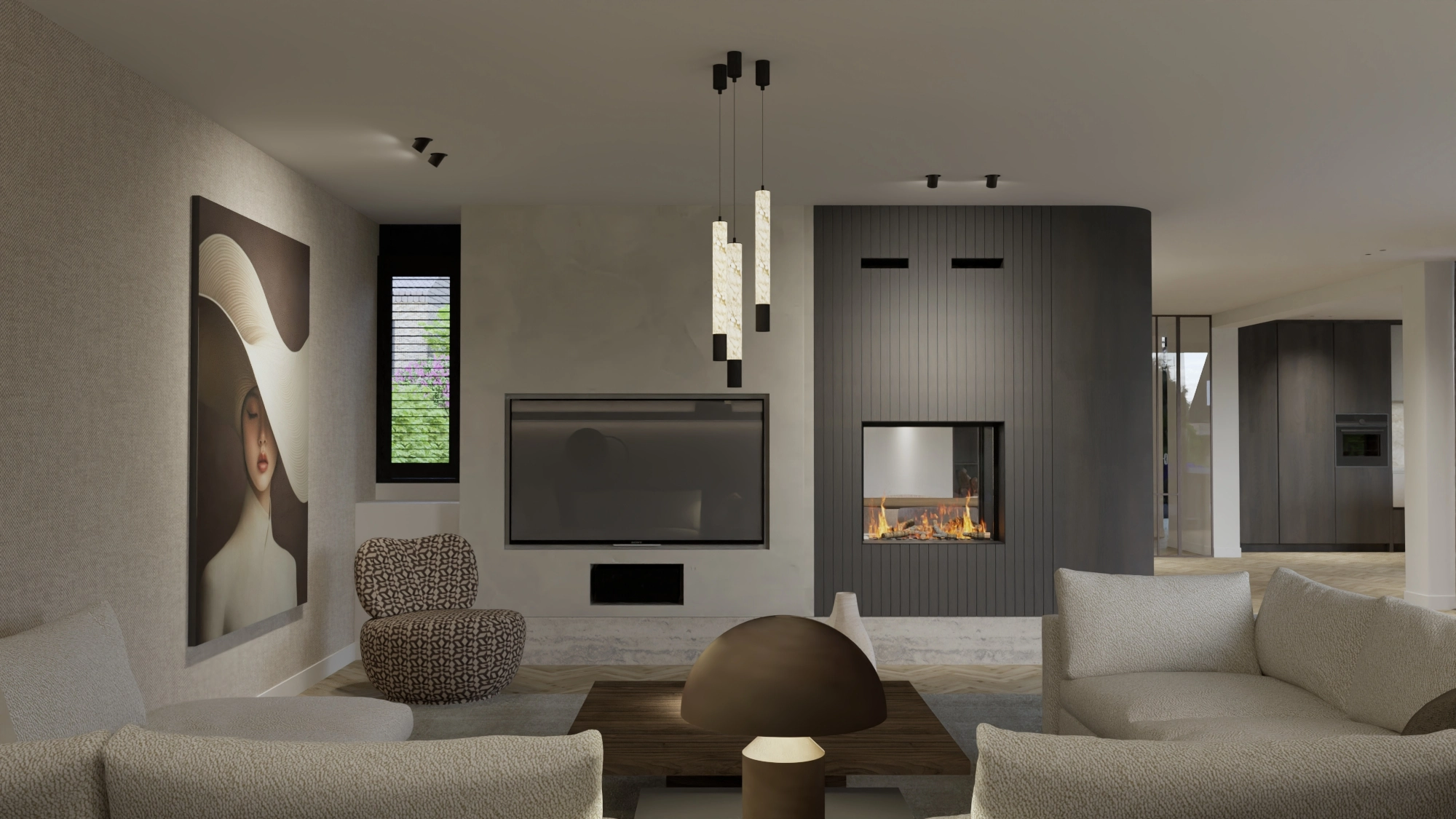 Riante woonvilla Krimpen aan den IJssel - Woonkamer met moderne haard, TV-wand en portret kunstwerk