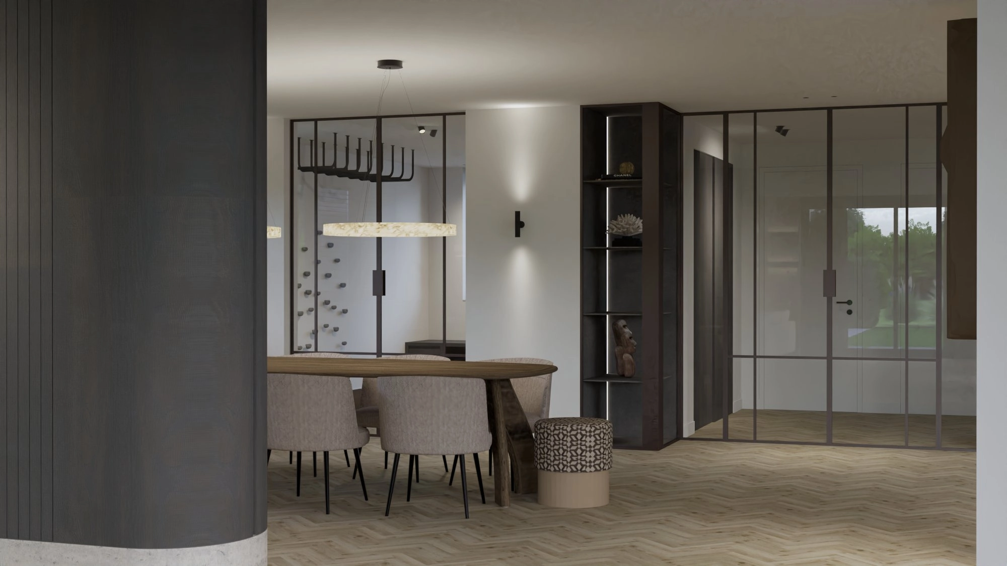 Riante woonvilla Krimpen aan den IJssel - Eetruimte met houten tafel, glazen deuren en wijn display wand