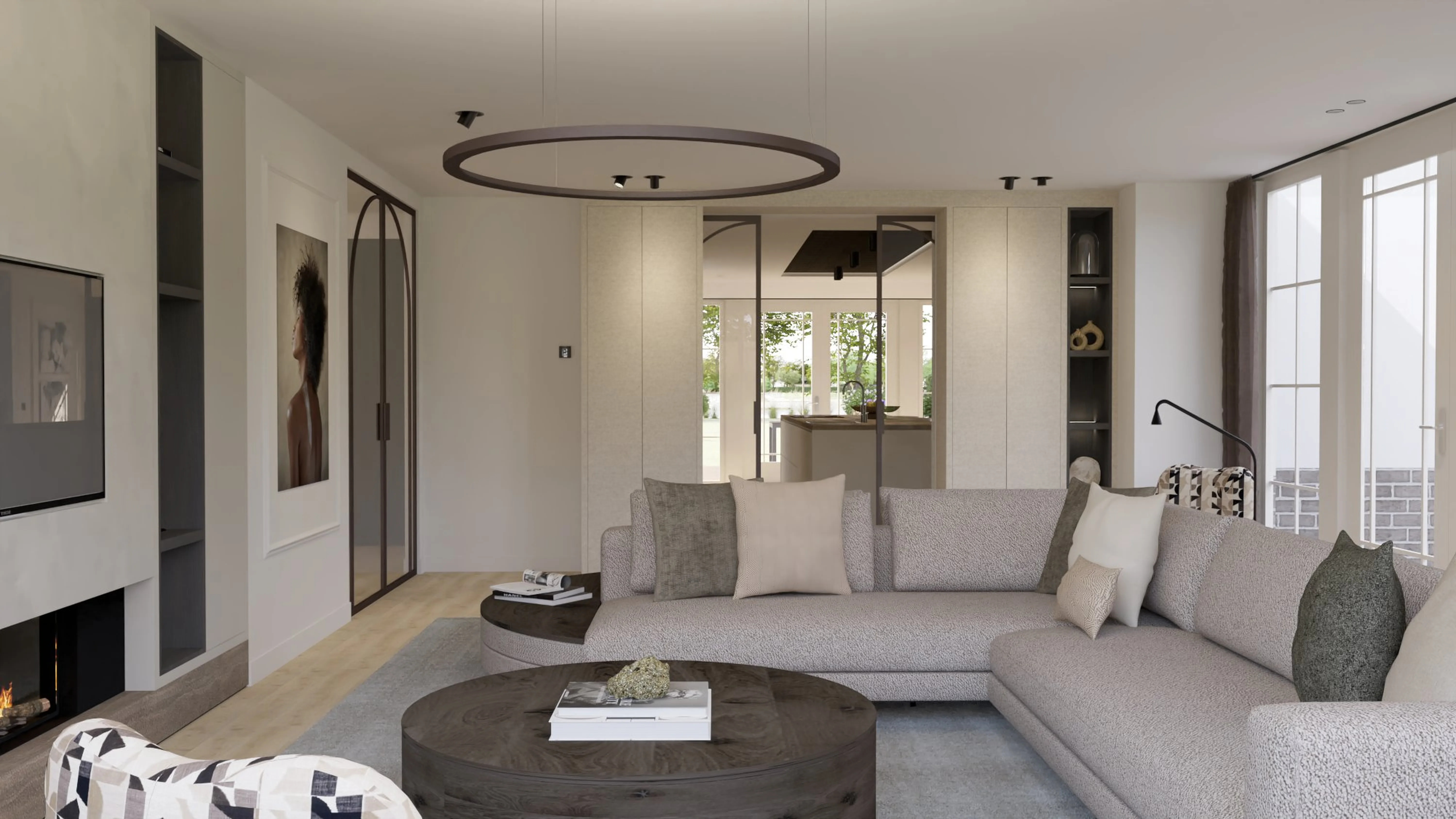 Stijlvolle Villa Reeuwijk - Woonkamer met circulaire hanglamp en gebogen bank