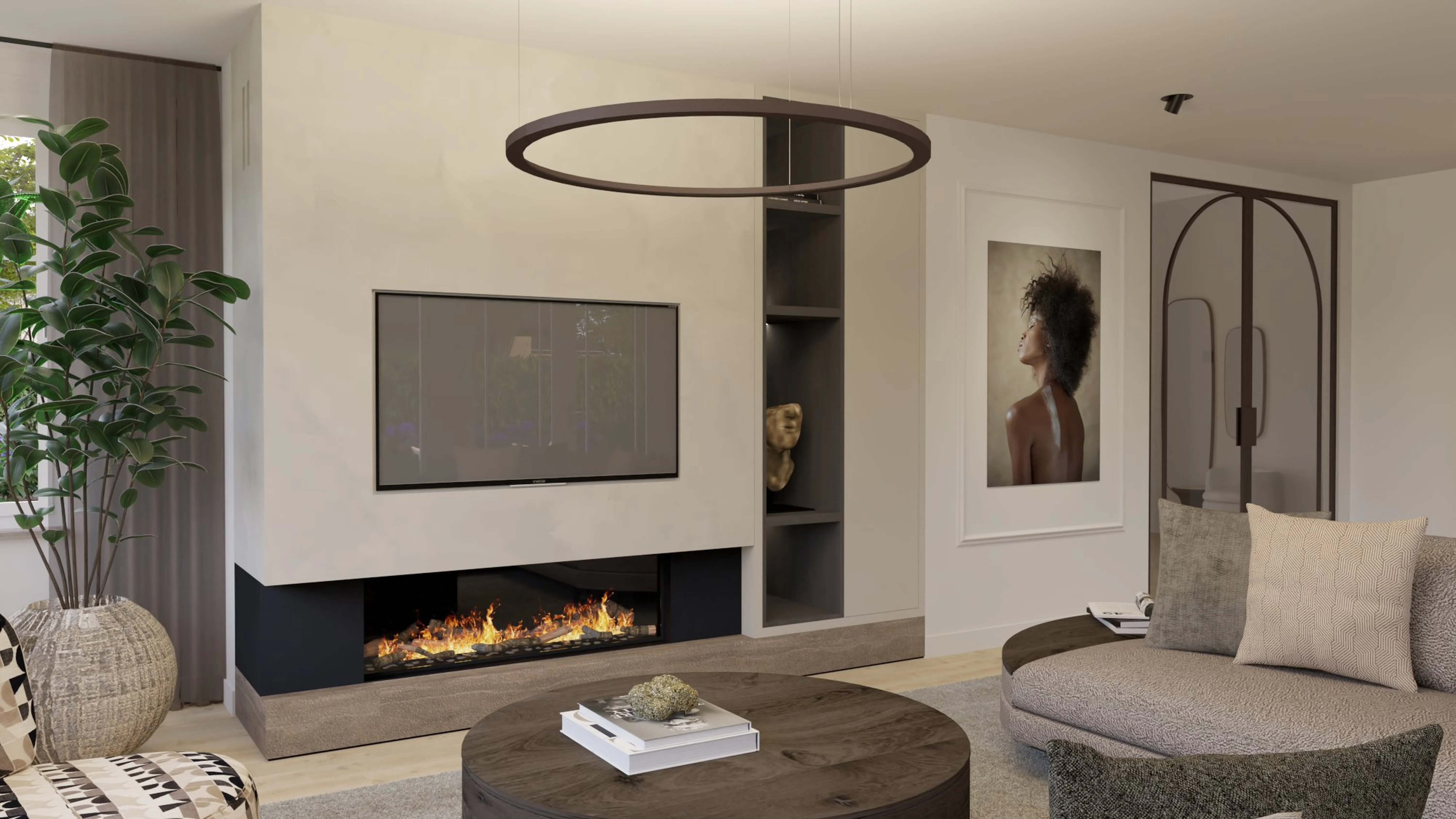 Stijlvolle Villa Reeuwijk - Woonkamer met circulaire hanglamp en open haard