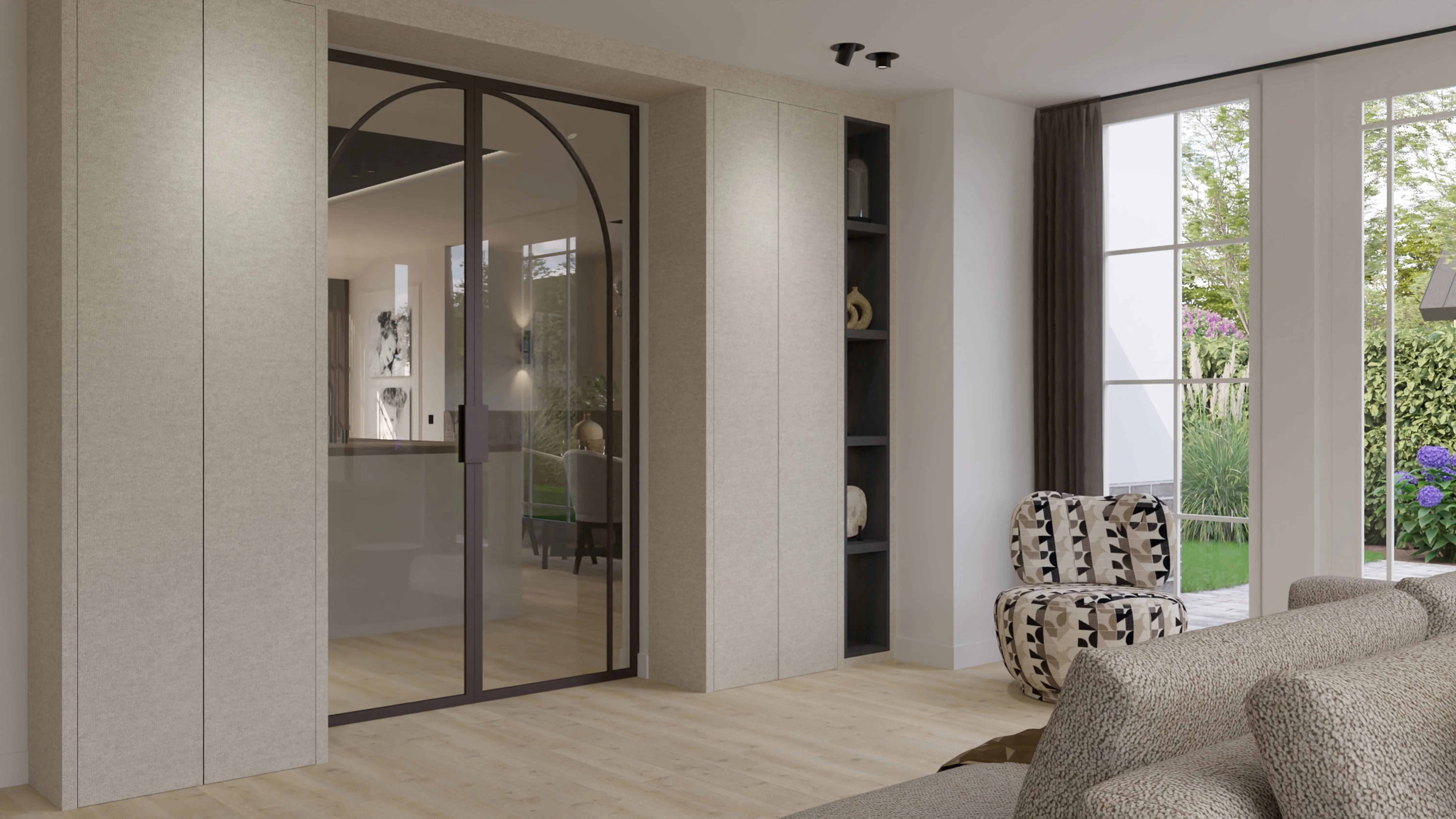 Stijlvolle Villa Reeuwijk - Woonruimte met glazen boogdeur en ingebouwde kasten