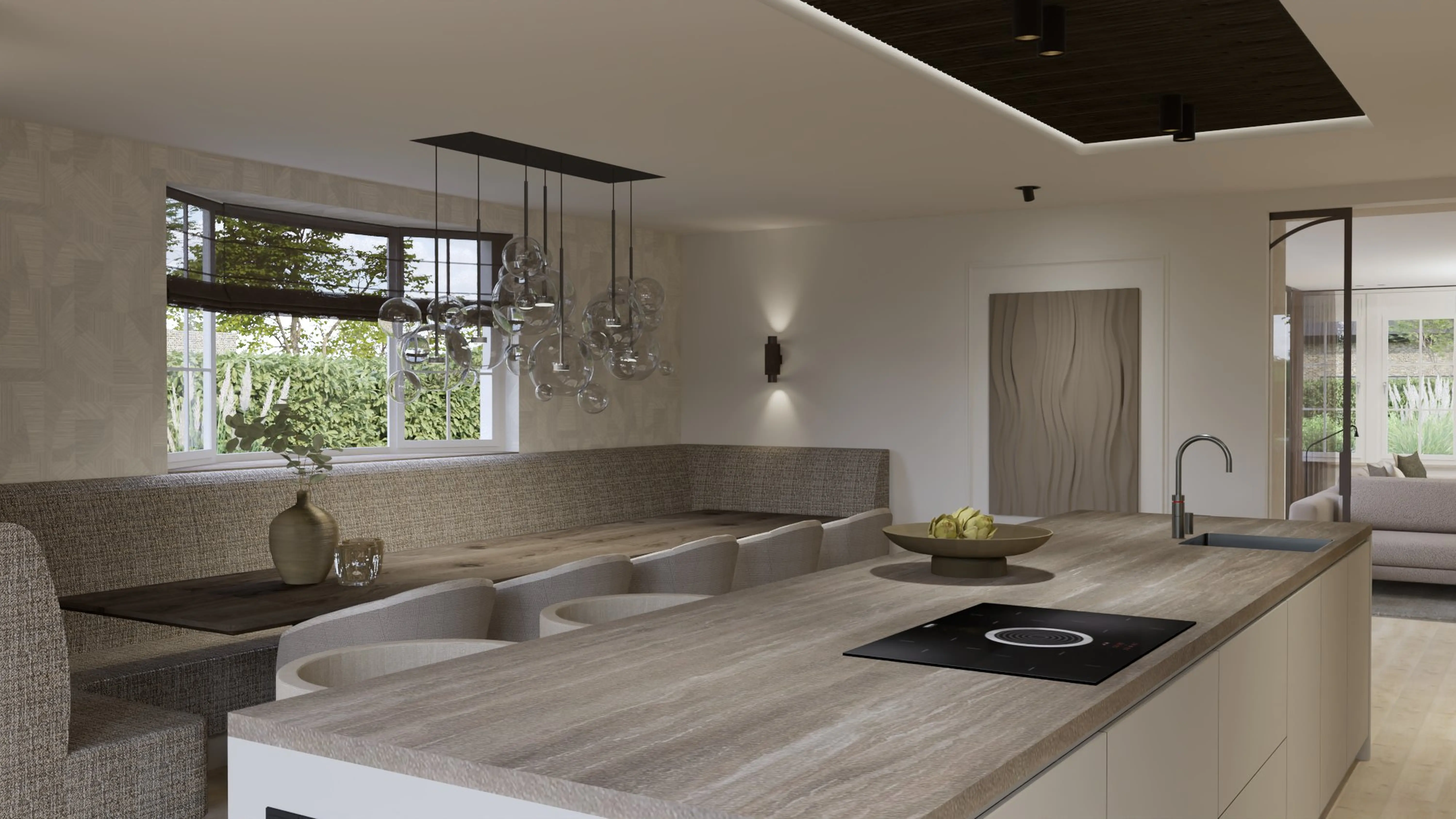 Stijlvolle Villa Reeuwijk - Keukeneiland met sculptuurlijke glazen verlichting