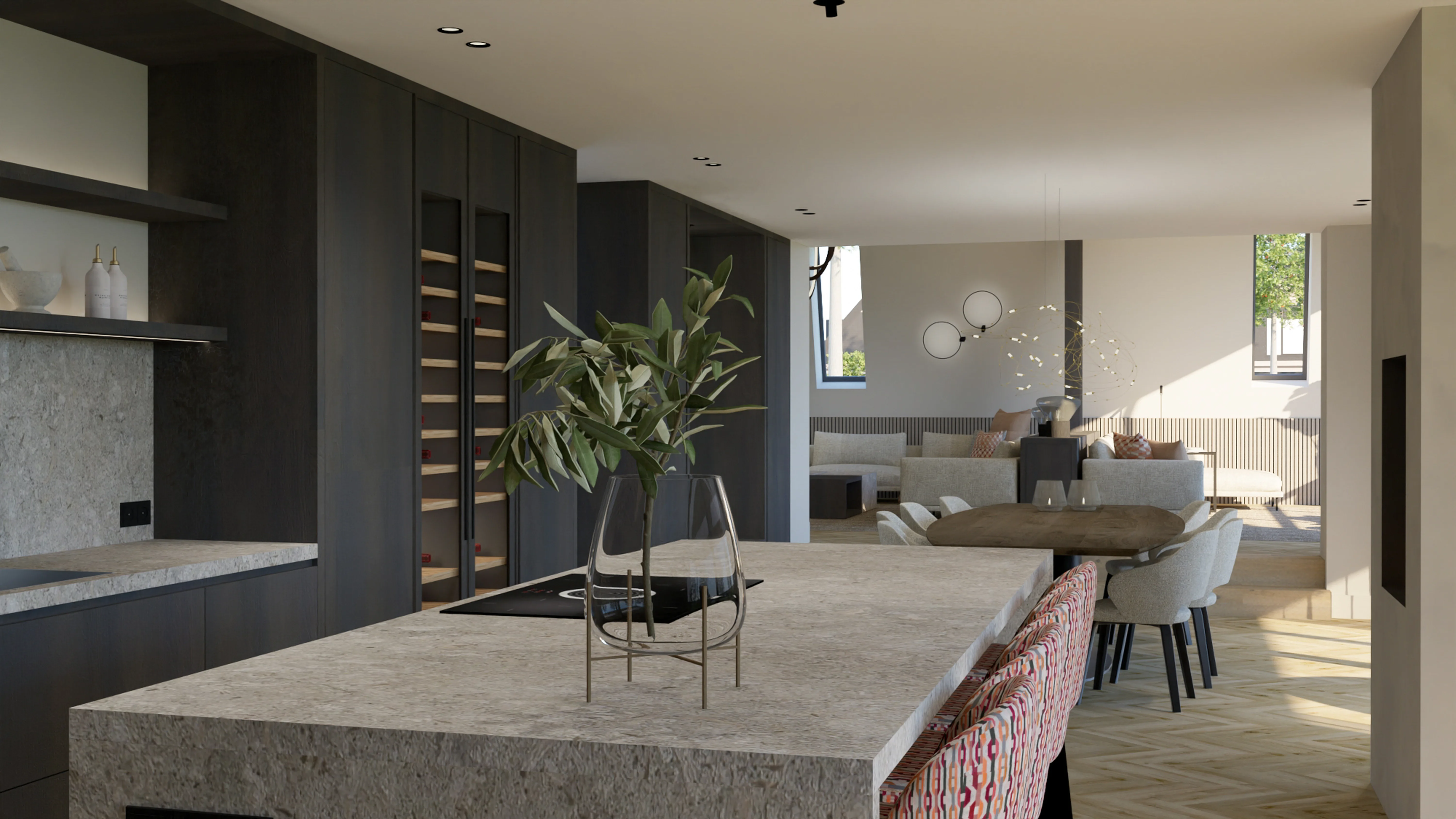 Villa met uitzicht Reeuwijk - Open woon- en eetkamer met donkere kasten, wijnopslag en stenen eiland