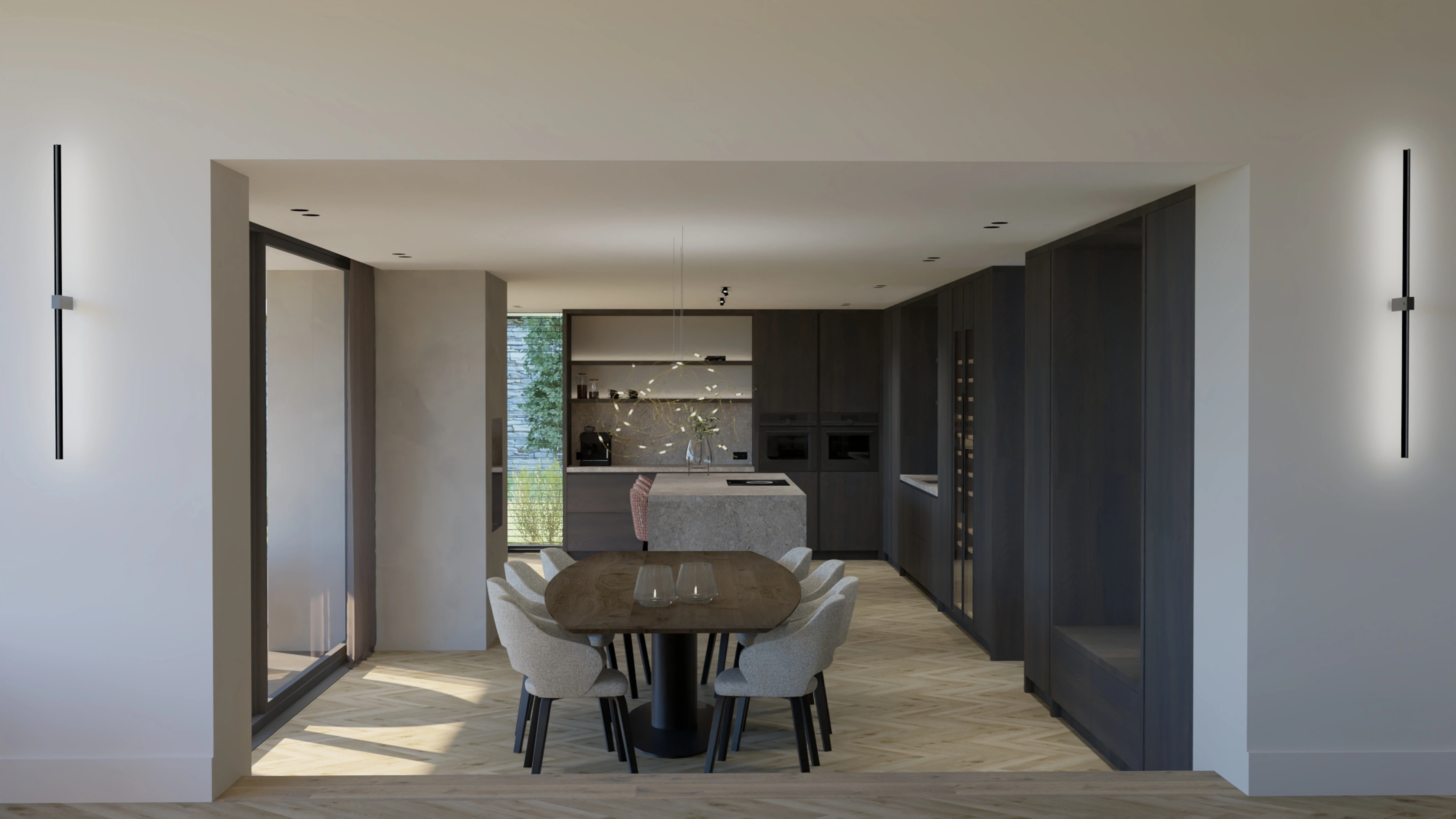 Villa met uitzicht Reeuwijk - Eetkamer en keuken vanuit hal perspectief met donkere kasten