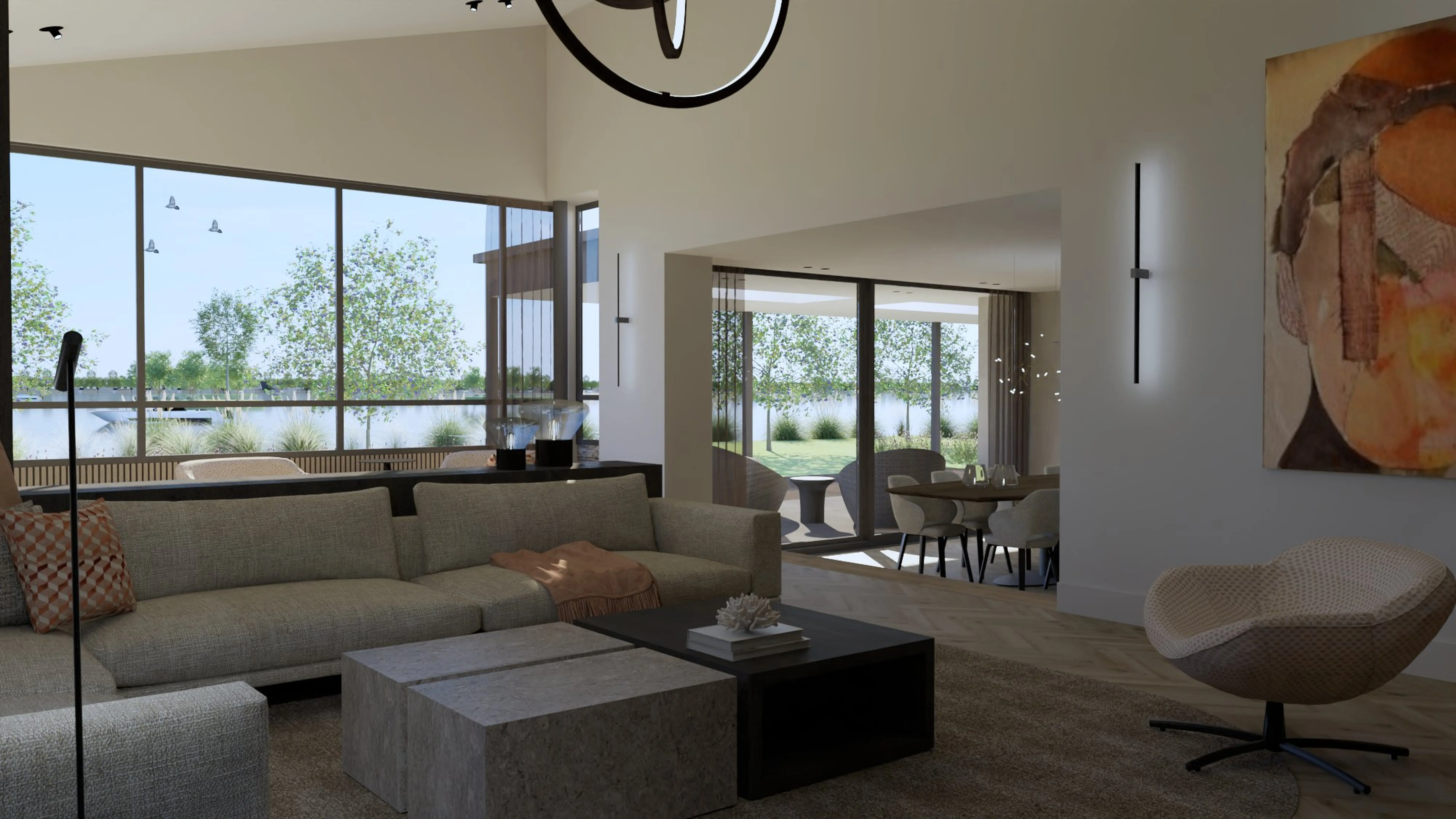 Villa met uitzicht Reeuwijk - Woonkamer met uitzicht op water, grote ramen en moderne meubels