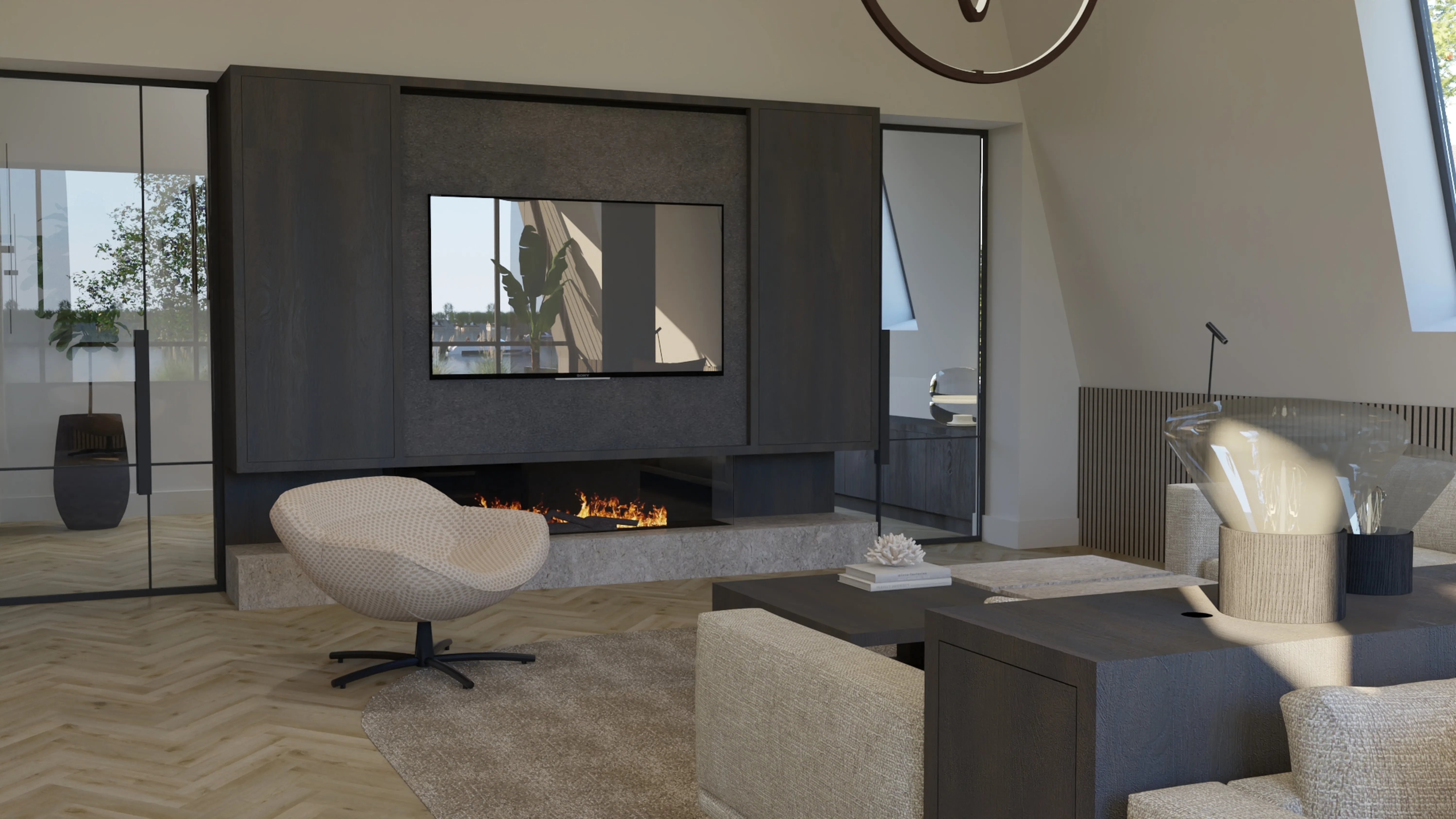 Villa met uitzicht Reeuwijk - Woonkamer met televisiewand, gashaard en uitzicht op water
