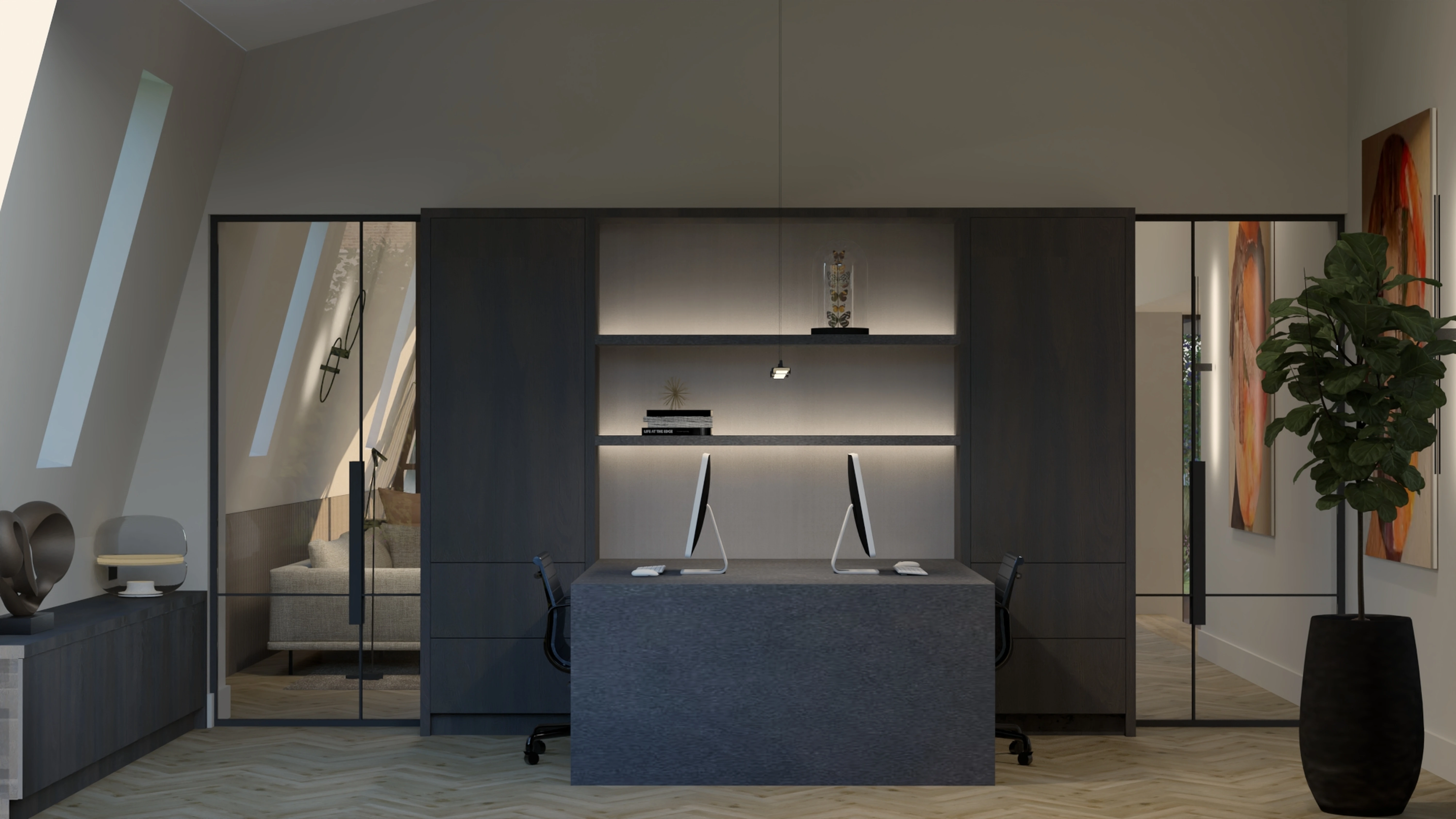 Villa met uitzicht Reeuwijk - Thuiskantoor met ingebouwde donkere kasten en dubbele monitoren