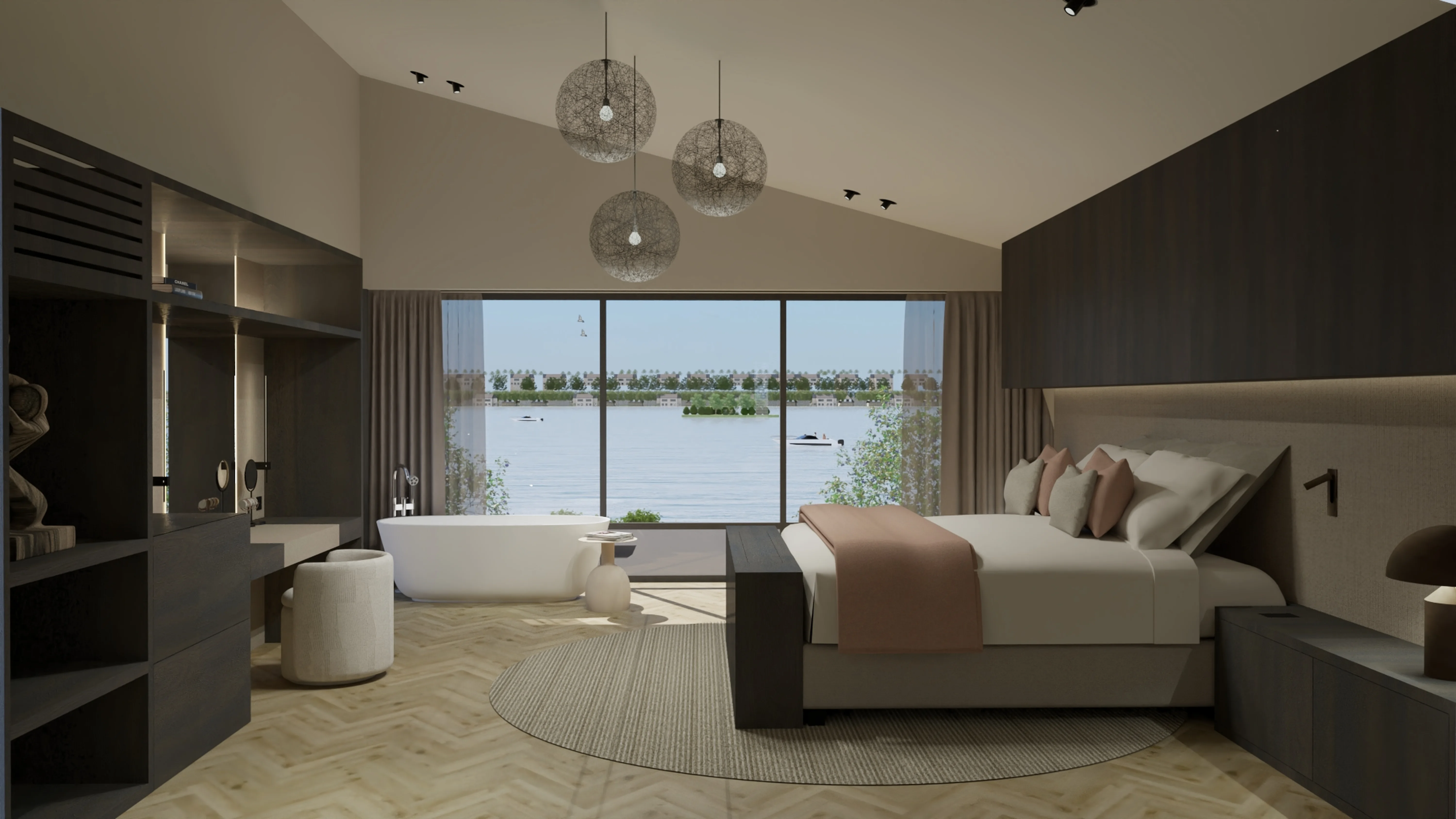 Villa met uitzicht Reeuwijk - Master bedroom met vrijstaand bad, uitzicht op water en ronde hanglampen